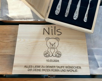 Personalized cutlery for children with engraving | Forest motifs forest animals | Children's cutlery including wooden box and breakfast board