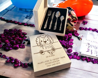 Children's cutlery with engraving / name plate / including wooden box / personalized with name / gift idea / birth / christening gift