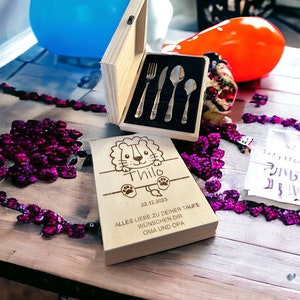 Cubiertos infantiles personalizados con nombre y caja de madera – Regalo para bautizo, nacimiento, cumpleaños – Cubiertos con grabado y texto deseado