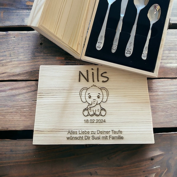 Personalized cutlery for children with engraving | Zoo motifs | Children's cutlery including wooden box and breakfast board