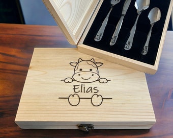 Children's cutlery with engraving / name plate / including wooden box / personalized with name / gift idea / birth / christening gift