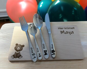 Children's cutlery with engraving / forest animals / personalized with name / gift idea / birth / personalized breakfast board / christening gift