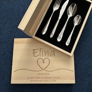 Personalisiertes Kinderbesteck mit Gravur und Name – Geschenk zur Geburt & Taufe – Optional Holzbox Herz - Edelstahl