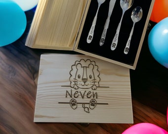 Children's cutlery with engraving / name plate lion / including wooden box / personalized with name / gift idea / birth / christening gift