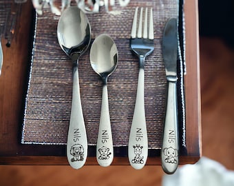 Personalized cutlery for children with engraving | Zoo motifs | Children's cutlery including wooden box and breakfast board