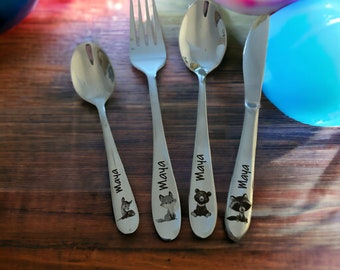 Children's cutlery with engraving / forest animals / personalized with name / gift idea / birth / personalized breakfast board / christening gift