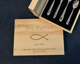 Children's cutlery with engraving / Safari / including wooden box fish / Personalized with name / Gift idea / Birth / Personalized / Christening gift