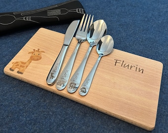 Children's cutlery with engraving / Safari with board color / Personalized with name / Gift idea / Birth / Breakfast board / Christening gift