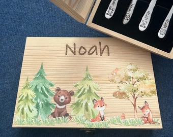 Children's cutlery with name engraving, personalized set with woodland animal motifs, gift idea for birth, christening, wooden box, cutlery set for toddlers