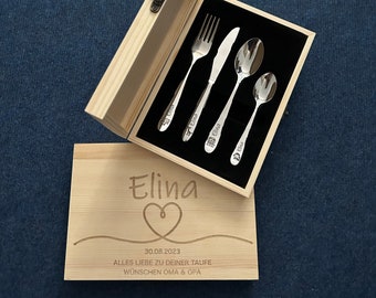 Personalized children&#39;s cutlery with engraving – Safari motif – gift for birth & baptism – with wooden box heart