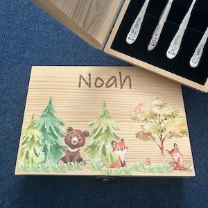 Cubiertos infantiles con grabado / Animales del bosque Nuevo / Caja de madera / Personalizados con nombre / Idea de regalo / Nacimiento / Personalizados / Regalo de bautizo