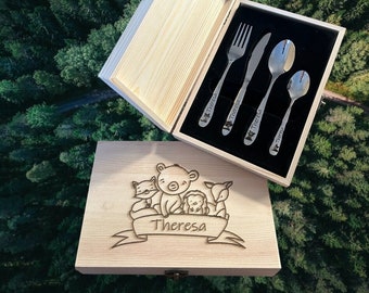 Children's cutlery with engraving / forest animals / including wooden box / personalized with name / gift idea / birth / personalized / christening gift