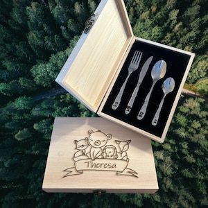 Kinderbesteck mit Gravur / Waldtiere / inklusive Holzbox / Personalisiert mit Namen / Geschenkidee / Geburt / Personalisiert / Taufgeschenk