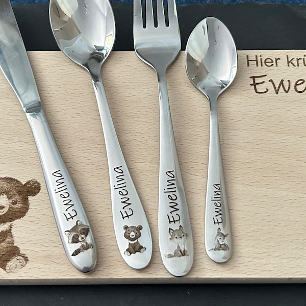 Children's cutlery with engraving / forest animals / personalized with name / gift idea / birth / personalized breakfast board / christening gift