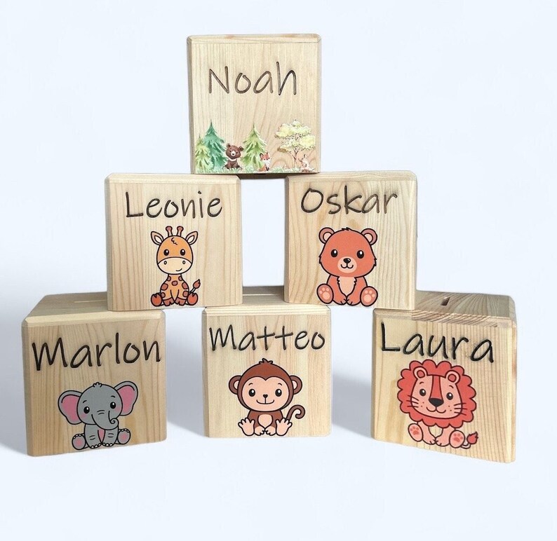 Money box personalized animals Birth gift Christening gift Money box child Money box with name Money box wood Piggy bank image 9