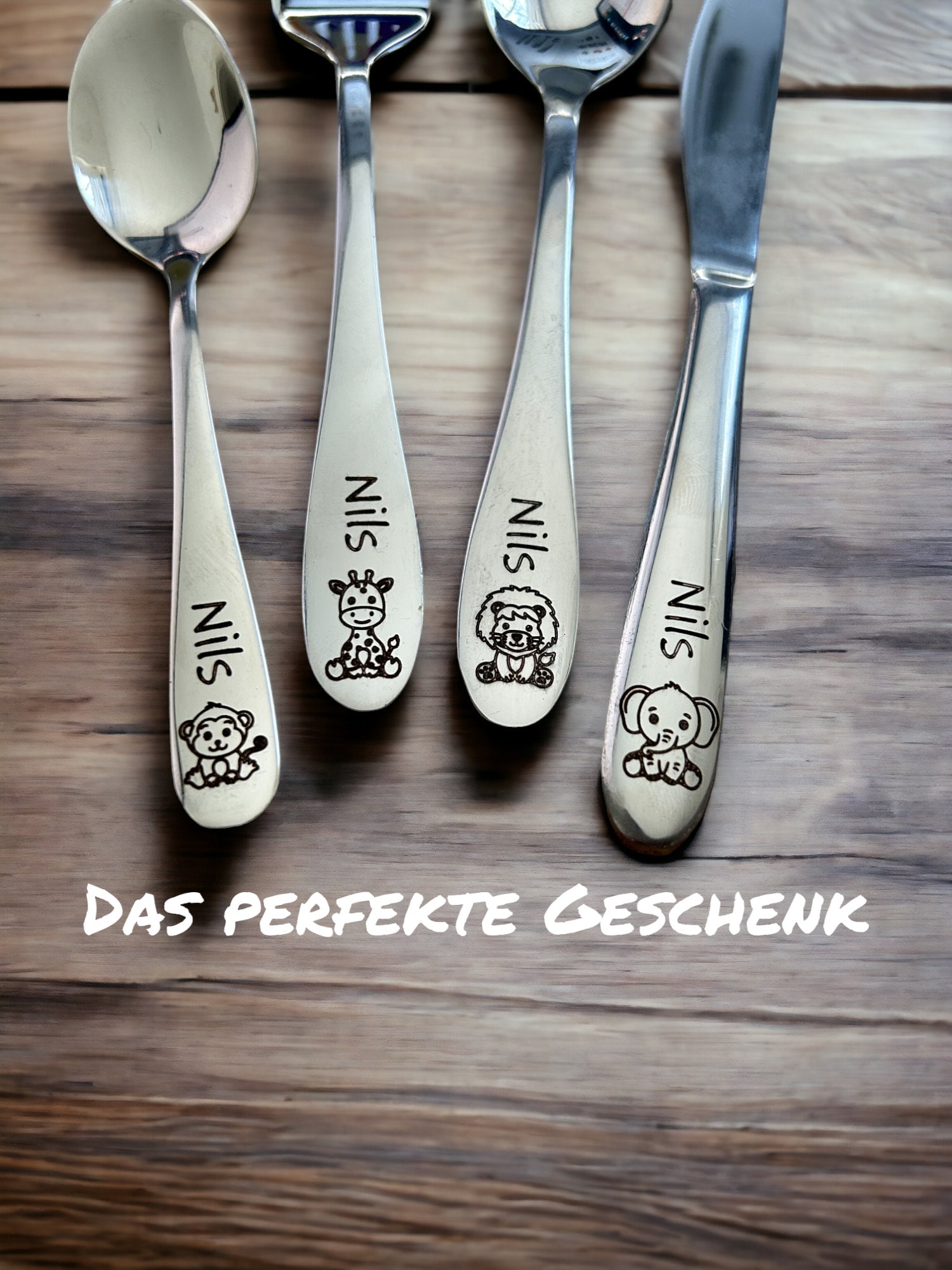 Children&#39;s cutlery with engraving / Safari New / Wooden box colored / Personalized with name / Gift idea / Birth / Personalized / Christening gift