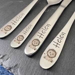 Children's cutlery with engraving / Safari / including wooden box fish / Personalized with name / Gift idea / Birth / Personalized / Baptism gift Baby Löwe mit Box