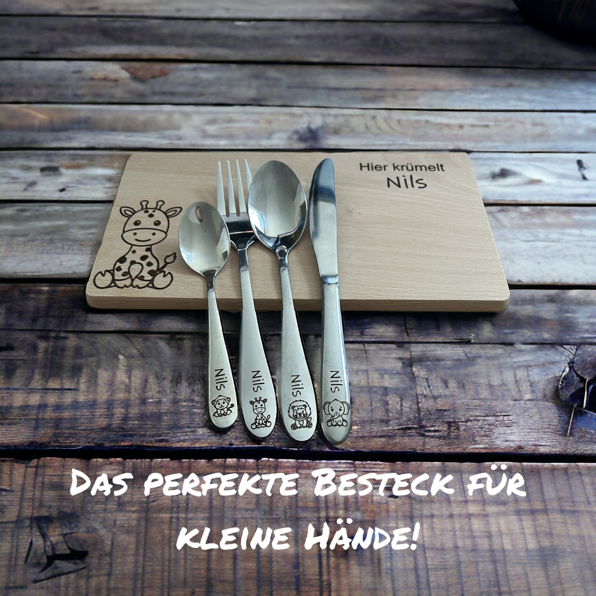 Children&#39;s cutlery with engraving / Safari New / Wooden box colored / Personalized with name / Gift idea / Birth / Personalized / Christening gift