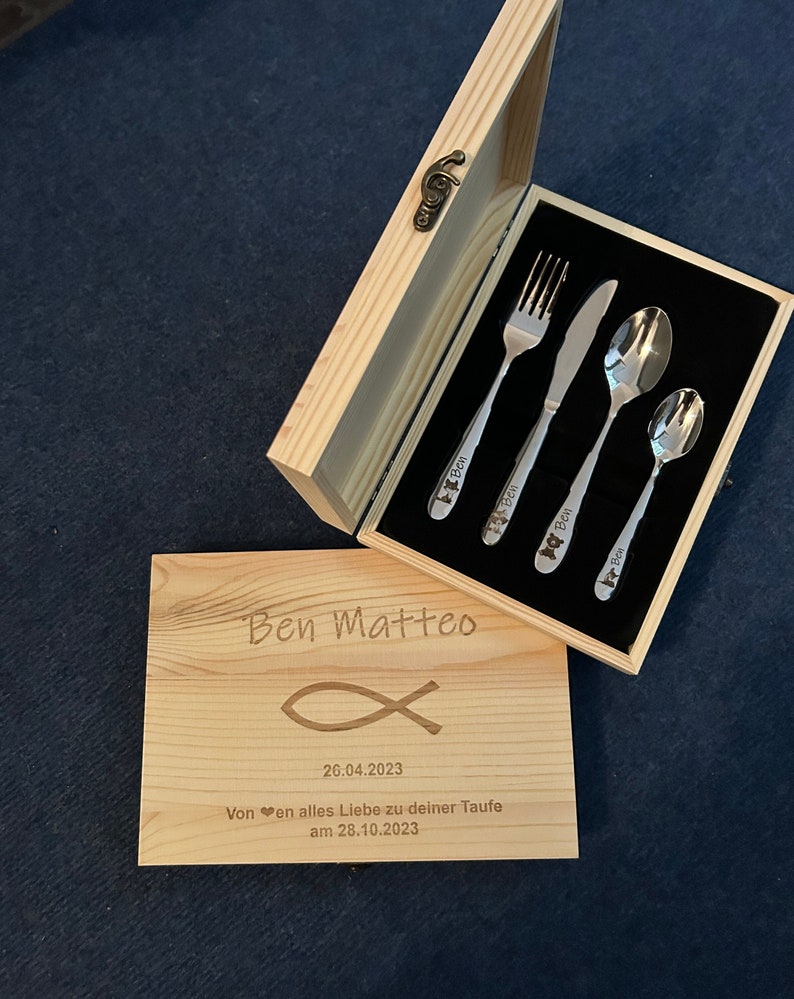 Children's cutlery with engraving / Safari / including wooden box fish / Personalized with name / Gift idea / Birth / Personalized / Baptism gift image 1