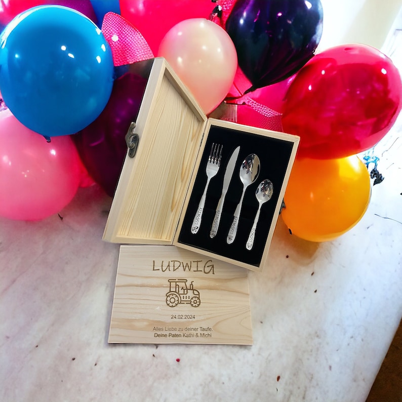 Children's cutlery with engraving / Safari / including wooden box / Personalized with name / Gift idea / Birth / Personalized / Baptism gift image 1