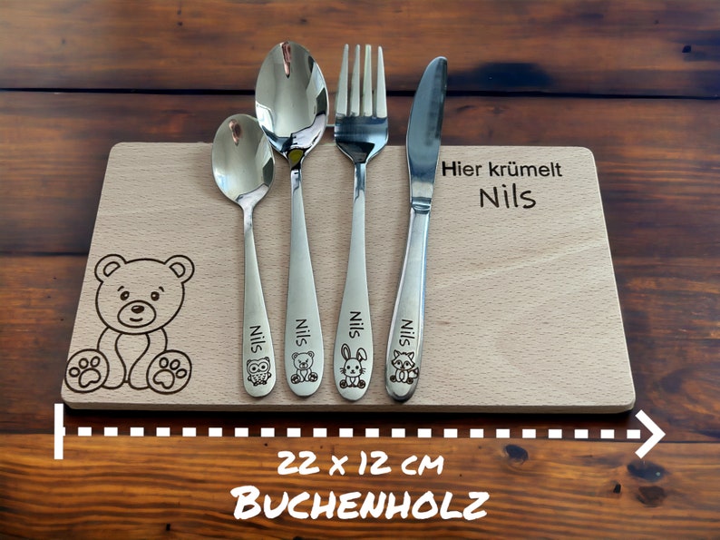 Personalized cutlery for children with engraving Forest motifs forest animals Children's cutlery including wooden box and breakfast board image 7