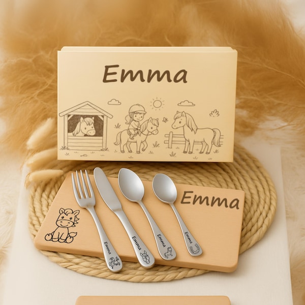 Personalized children's cutlery horse with engraving – name cutlery for girls, gift for christening, birthday or school enrollment horse motif
