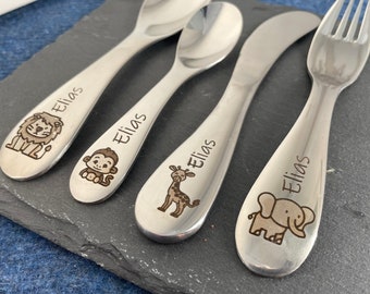 Children's cutlery with engraving / animals / personalized with name / gift idea / birth / baby / cutlery / stainless steel / christening gift