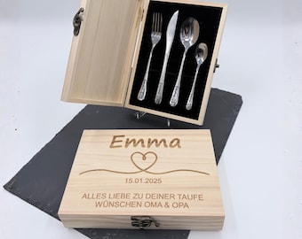 Personalized children's cutlery with engraving and name – gift for birth & christening – optional heart-shaped wooden box – stainless steel