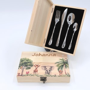 Personalized children&#39;s cutlery with name engraving – safari motif – gift for birth & christening – optional wooden box – christening gift and gift idea