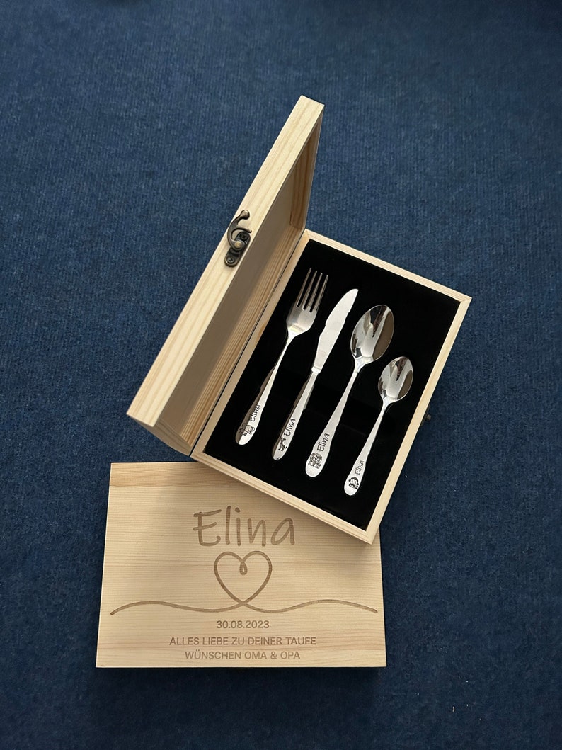 Children's cutlery with engraving / Safari / including wooden box / Personalized with name / Gift idea / Birth / Personalized / Baptism gift image 1