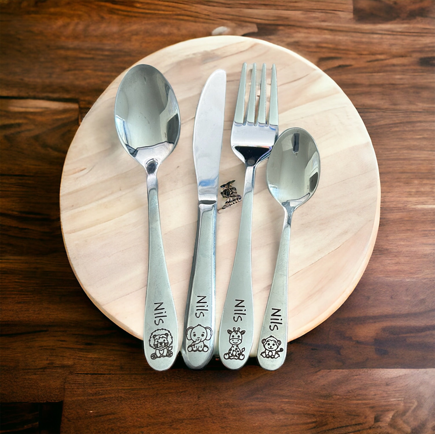 Children&#39;s cutlery with engraving / Safari New / Wooden box colored / Personalized with name / Gift idea / Birth / Personalized / Christening gift