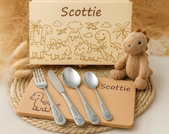 Personalized Dinosaur Children's Cutlery | Gift for Christening, Birth, Birthday | Optional with Wooden Box & Breakfast Board