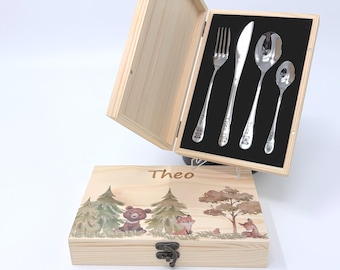 Children's cutlery with engraving | Personalized cutlery set with woodland animals, gift, birth, christening, stainless steel