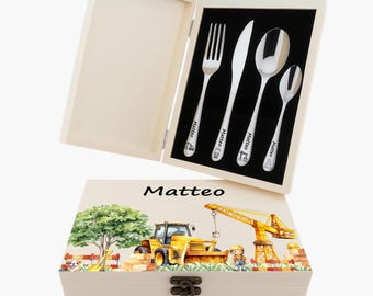 Children's cutlery with name engraving - construction site wooden box, colorful, personalized with name - christening gift & birth gift idea
