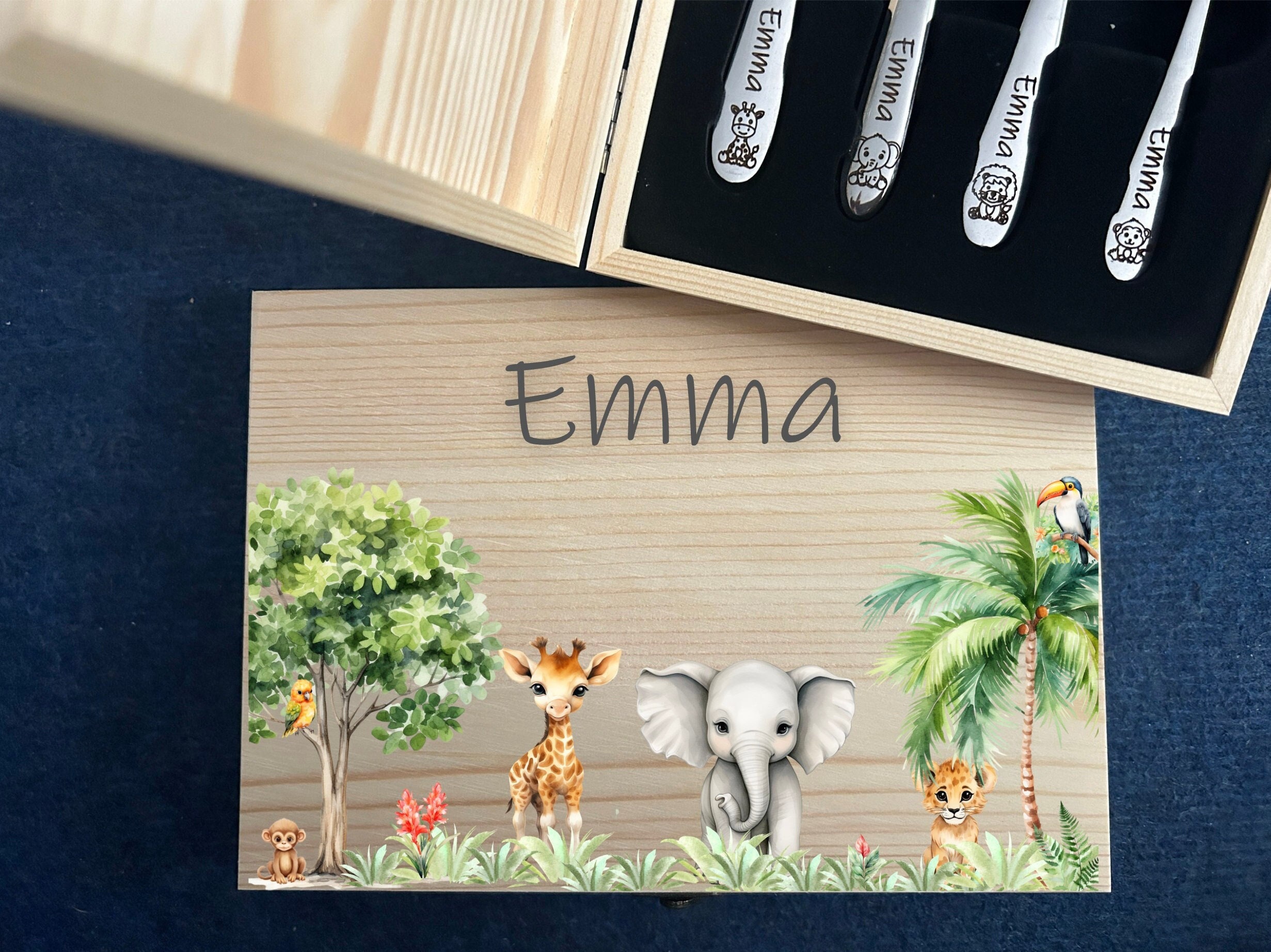 Children&#39;s cutlery with engraving / Safari New / Wooden box colored / Personalized with name / Gift idea / Birth / Personalized / Christening gift