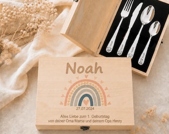 Personalized children's cutlery with engraving, including wooden box. Gift for christening, birth, birthday – name engraving – stainless steel