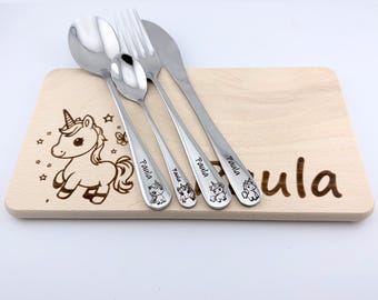 Children's cutlery with name / Unicorn / Colorful wooden box / Personalized / Gift idea / Birth / Christening gift
