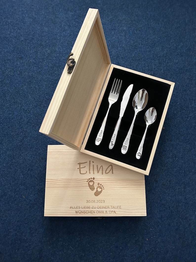 Children's cutlery with engraving / Safari / including wooden box / Personalized with name / Gift idea / Birth / Personalized / Baptism gift image 1