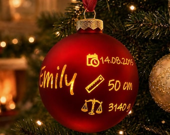 Personalized Christmas bauble with baby's birth details, gift for a newborn, Christmas decoration, glass Christmas tree ornament 6 cm