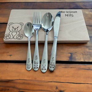 Personalized cutlery for children with engraving Forest motifs forest animals Children's cutlery including wooden box and breakfast board image 2