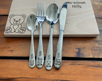 Personalized cutlery for children with engraving | Forest motifs forest animals | Children's cutlery including wooden box and breakfast board