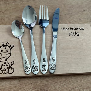 Personalisiertes Besteck für Kinder mit Gravur Zoo Motive Kinderbesteck inkl. Holzbox und Frühstücksbrett Bild 9