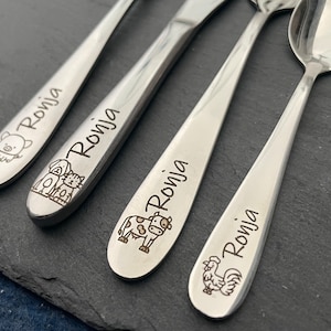 Children's cutlery with engraving / Safari / including wooden box / Personalized with name / Gift idea / Birth / Personalized / Baptism gift Bauernhof mit Box