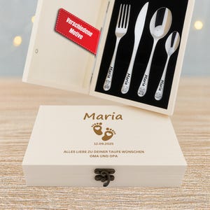 Kinderbestek met gravering – Safari – gepersonaliseerd met naam – incl. houten kistvoetjes – babycadeau geboorte doop – doopcadeau met naam