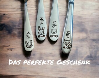 Personalized cutlery for children with engraving | Forest motifs forest animals | Children's cutlery including wooden box and breakfast board