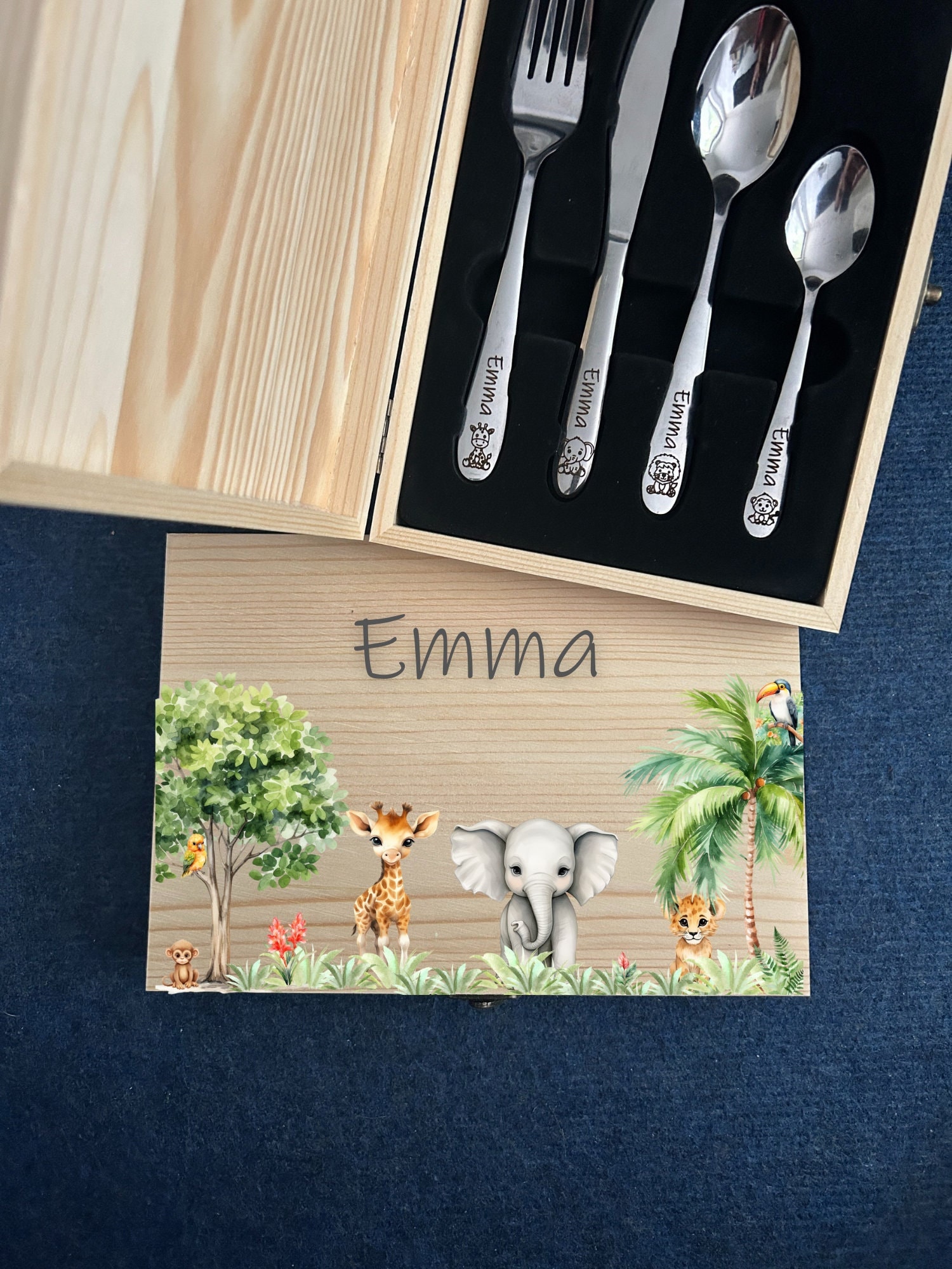 Children&#39;s cutlery with engraving / Safari New / Wooden box colored / Personalized with name / Gift idea / Birth / Personalized / Christening gift