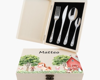 Children's cutlery with engraving / farm / wooden box colored / personalized with name / gift idea / birth / personalized / christening gift