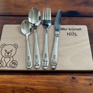 Personalized cutlery for children with engraving Forest motifs forest animals Children's cutlery including wooden box and breakfast board Besteck Brett