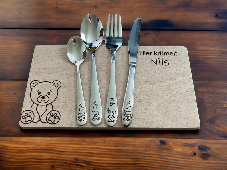 Personalized cutlery for children with engraving Forest motifs forest animals Children's cutlery including wooden box and breakfast board Besteck Brett