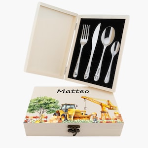 Personalized Kids Cutlery Set – Construction Site Theme – Custom Name Engraving –Wooden Box – Baby Shower Gift, Baptism Gift, First Birthday